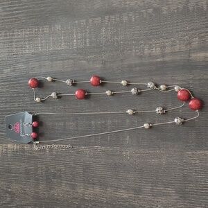 Paparazzi Red Silvertone Long Necklace & Earrings Set NWT